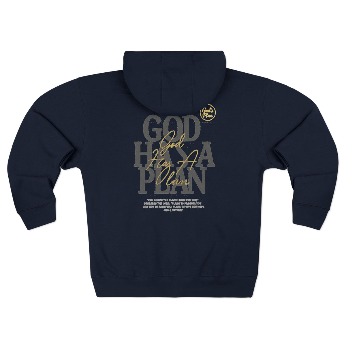 Navy full zip hoodie with hood and faith inspired God Has A Plan graphic lettering from Printify in the Vintage Graphic Tees and Sweaters collection