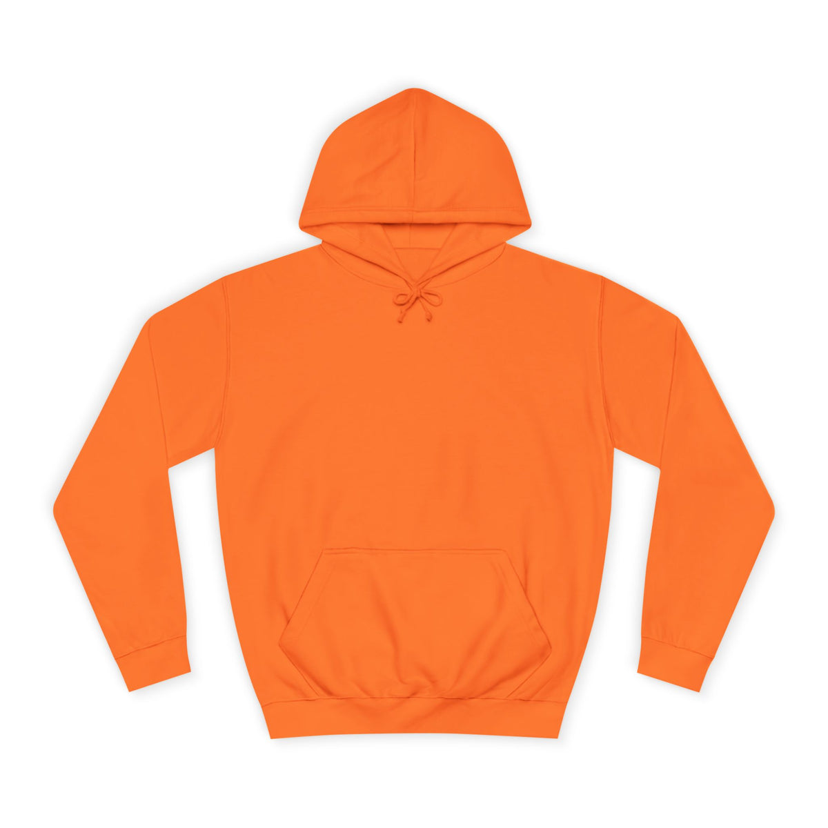 Bright orange pullover hoodie with drawstring hood long sleeves and front kangaroo pocket displayed against a white background