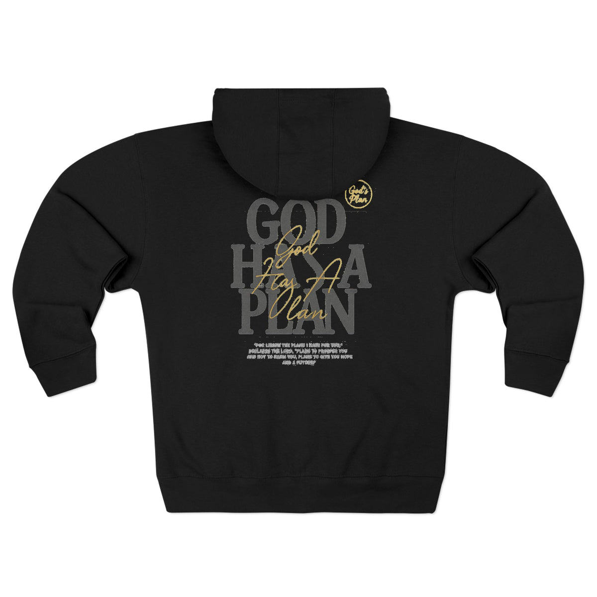 Black faith inspired full zip hoodie featuring a God Has A Plan graphic in gray and gold lettering from Printify for women's fashion