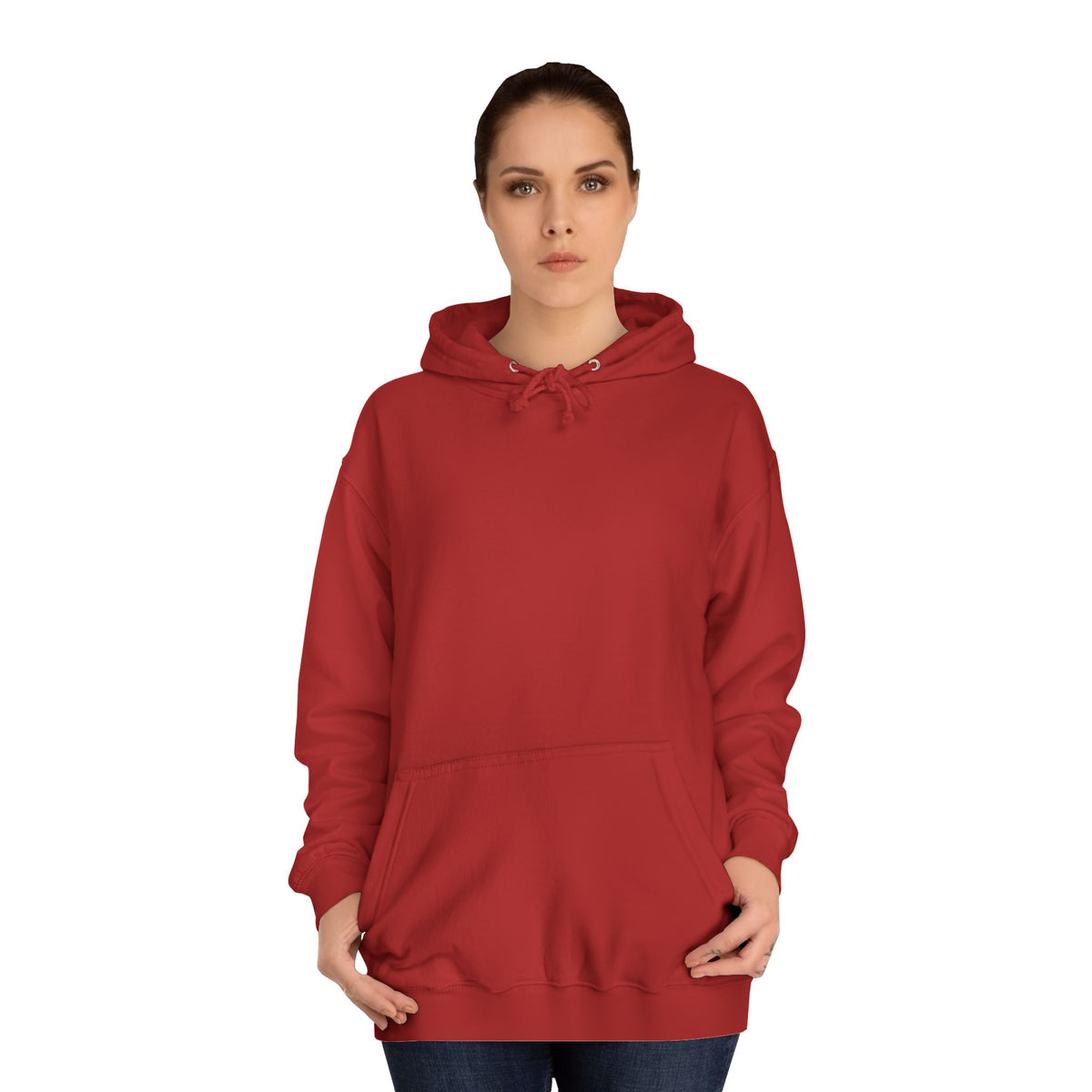 Woman modeling a relaxed red pullover hoodie with drawstring hood and kangaroo pocket in a casual women fashion style