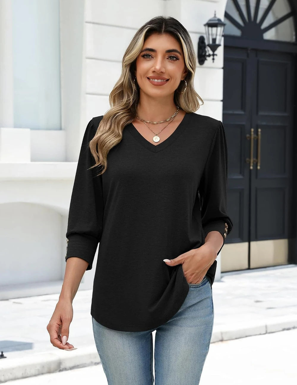 Puff Sleeve V Neck Top