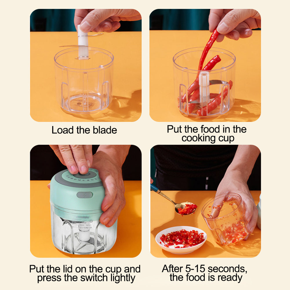 Instructional collage showing a mini electric food chopper with food added the lid secured and the switch pressed before ingredients are ready