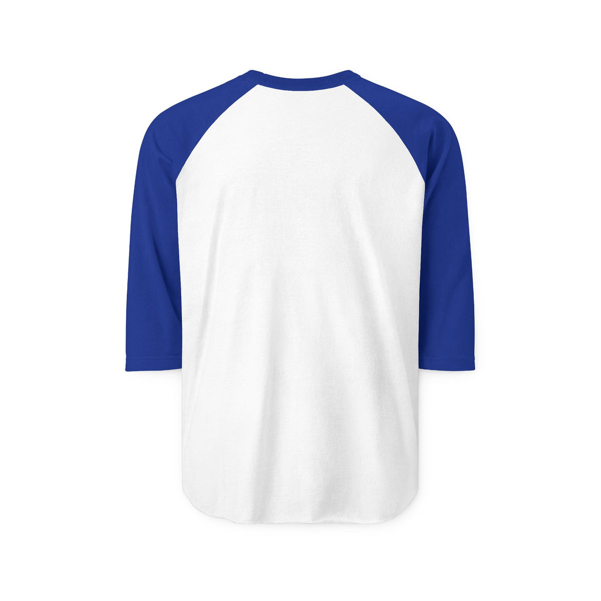 Womens white and royal blue raglan shirt with three quarter sleeves and a relaxed vintage inspired fit shown from the back by Printify