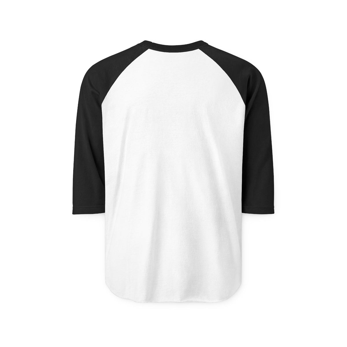 White and black three quarter sleeve raglan shirt with contrast sleeves and a curved hem for casual women's fashion