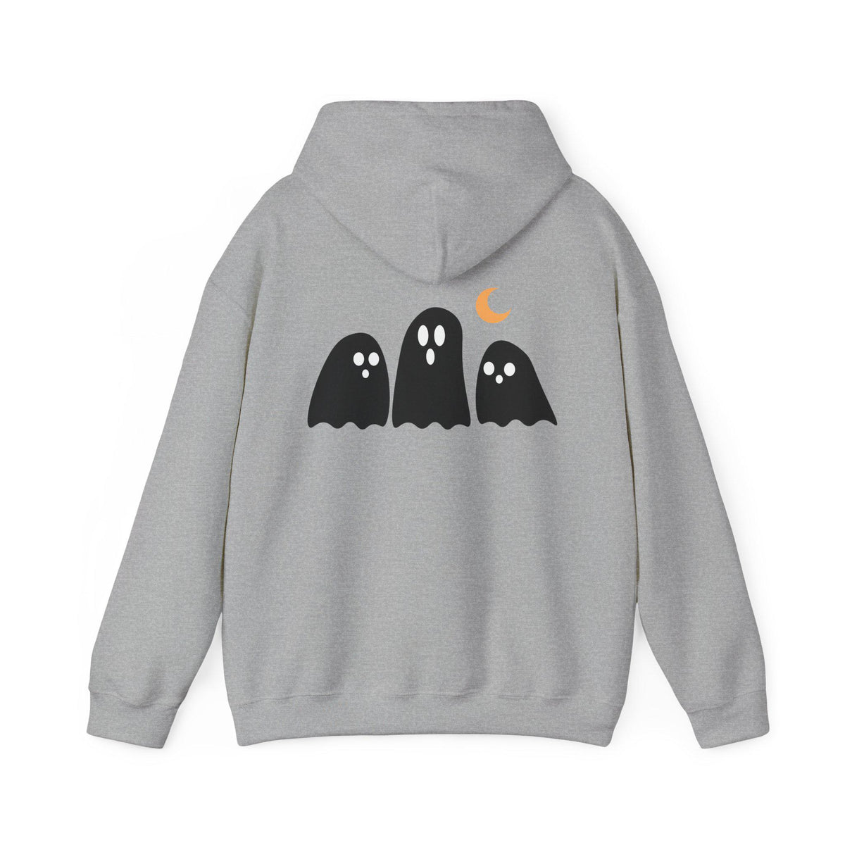 Gray hooded sweatshirt featuring three black ghost figures and a small orange crescent moon graphic on the back for cozy Halloween inspired style