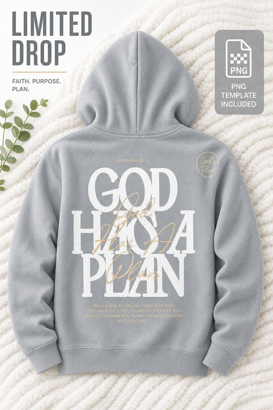 Gray faith inspired hoodie viewed from the back with God Has a Plan graphic and gold script lettering on a cozy textured backdrop