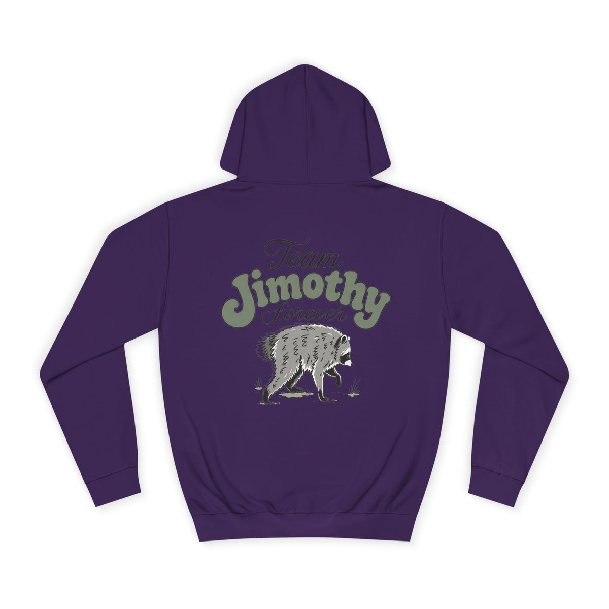 Back view of a purple graphic hoodie featuring Team Jimothy Forever lettering and a vintage wolf illustration for stylish womens fashion outfits