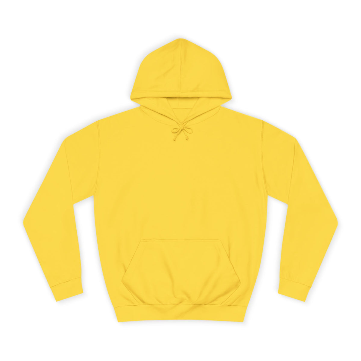 Bright yellow pullover hoodie with a drawstring hood long sleeves ribbed cuffs and a spacious kangaroo pocket shown against a white background