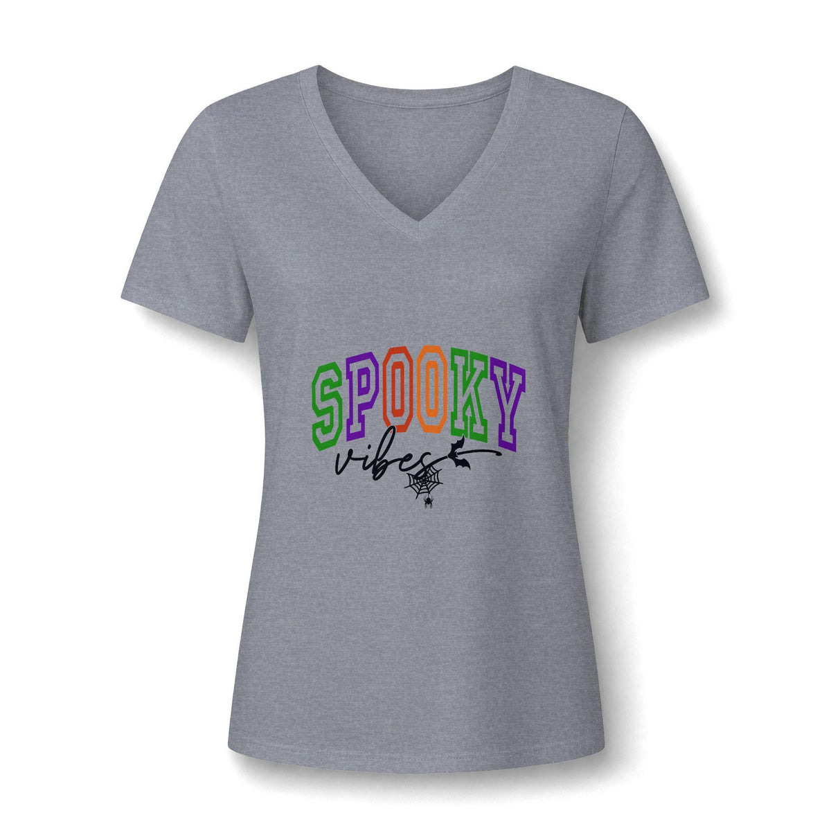 Gray womens V neck graphic tee with colorful SPOOKY lettering playful vibes script and a small spider design for Halloween inspired casual style