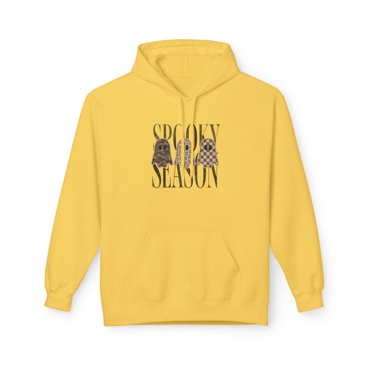 Yellow pullover hoodie with a vintage style Spooky Season graphic featuring three playful ghosts and a front kangaroo pocket for cozy fall fashion