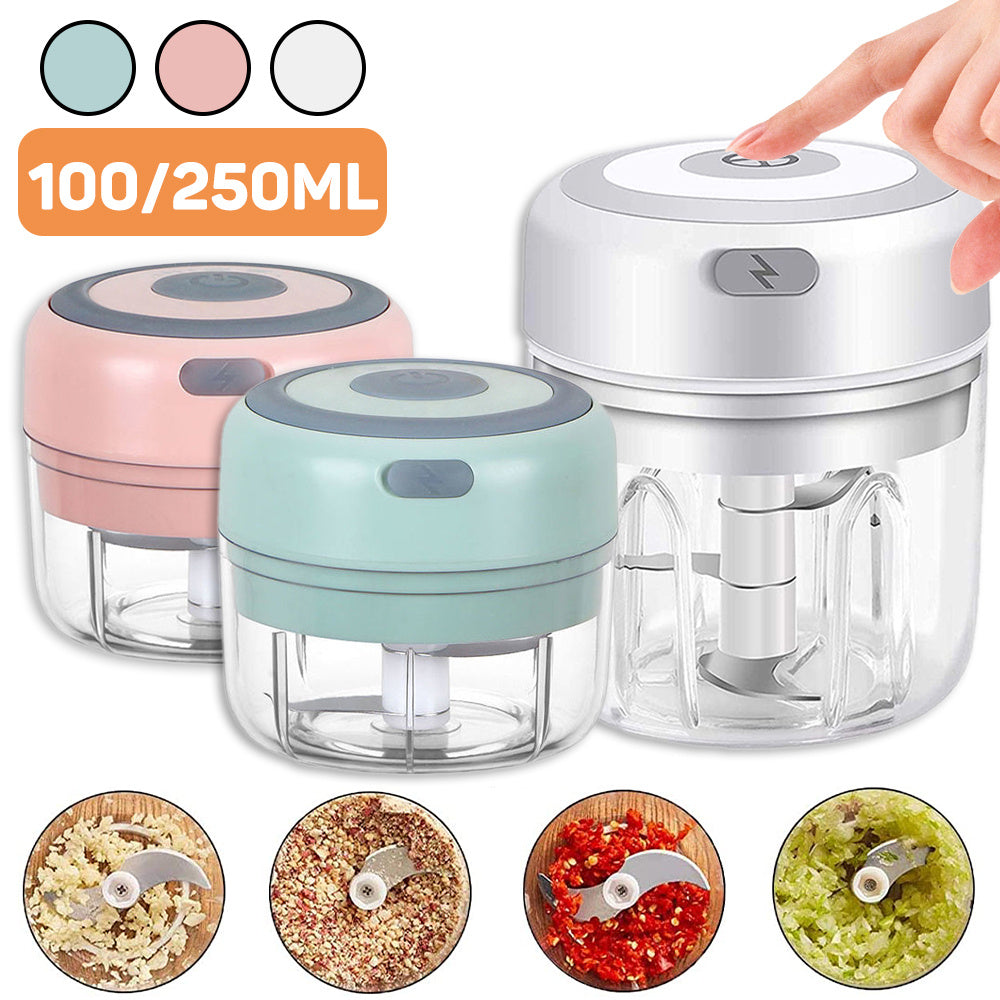 Mini electric USB food choppers in pink mint and white with stainless steel blades shown grinding garlic nuts and vegetables in clear bowls