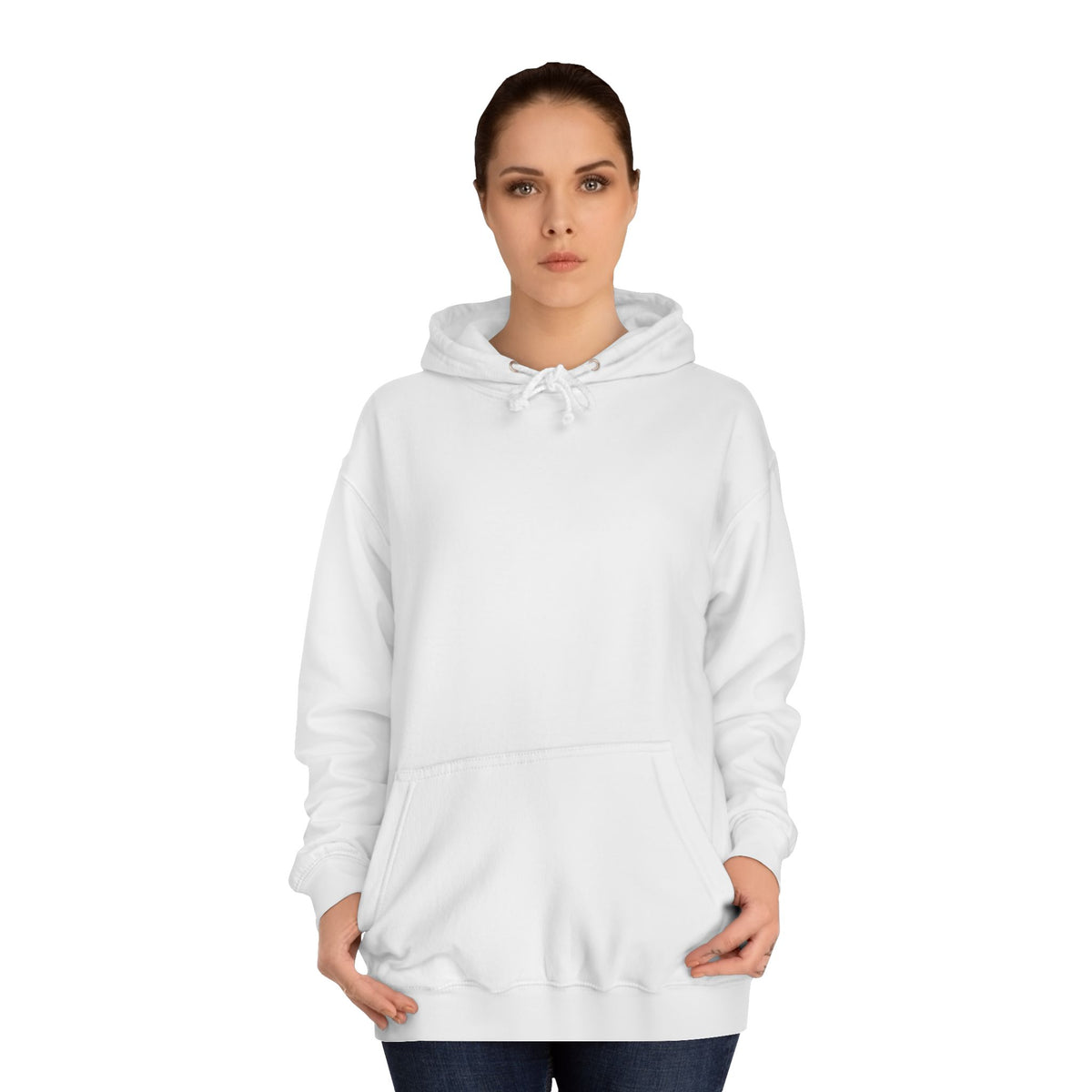 Woman modeling a plain white pullover hoodie with a drawstring hood and front kangaroo pocket for casual women's fashion styling