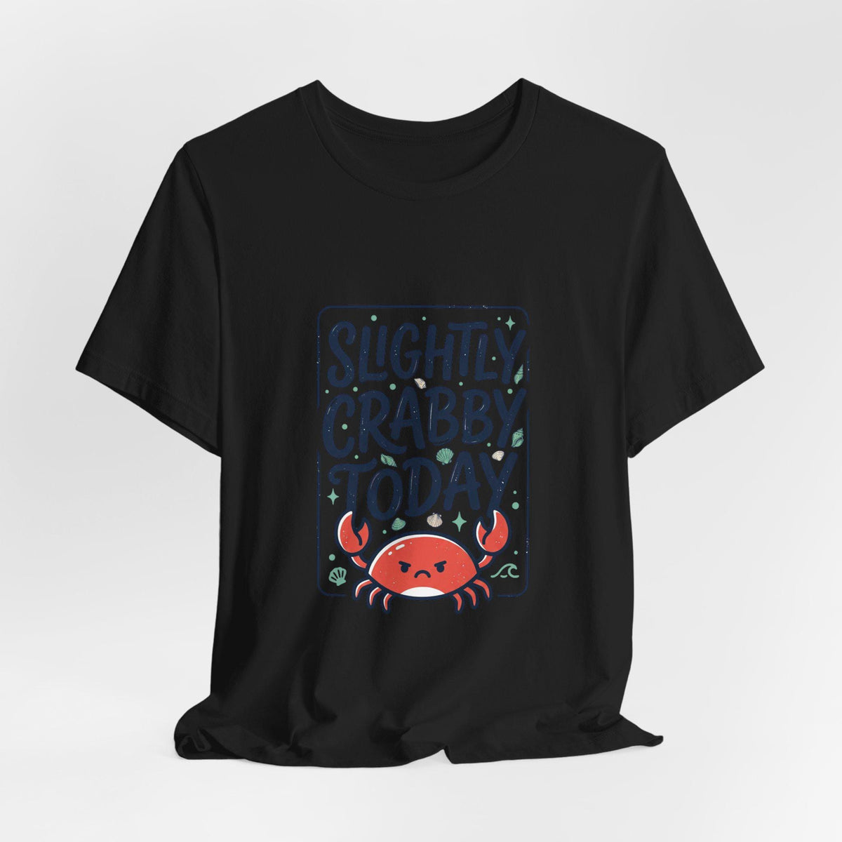 Black graphic tee featuring a colorful grumpy cartoon crab and the words Slightly Crabby Today for playful coastal summer style