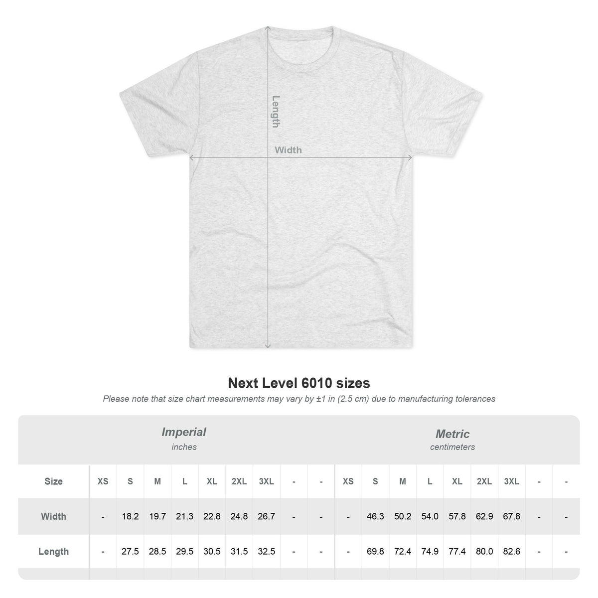 Light gray T shirt sizing chart showing shirt width and length measurements in inches and centimeters for sizes XS through 3XL