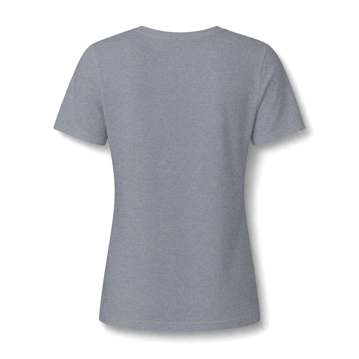 Back view of a women’s heather gray short sleeve T shirt with a relaxed fit and lightweight fabric for comfortable everyday wear