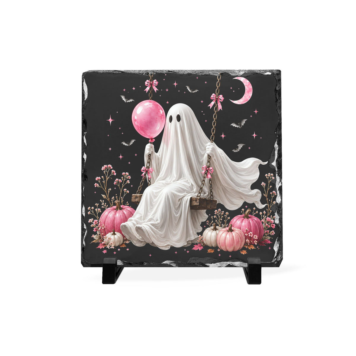 Handcrafted slate Halloween plaque featuring a whimsical ghost on a swing with a pink balloon, pumpkins, bats, flowers, and a crescent moon against a dark sky