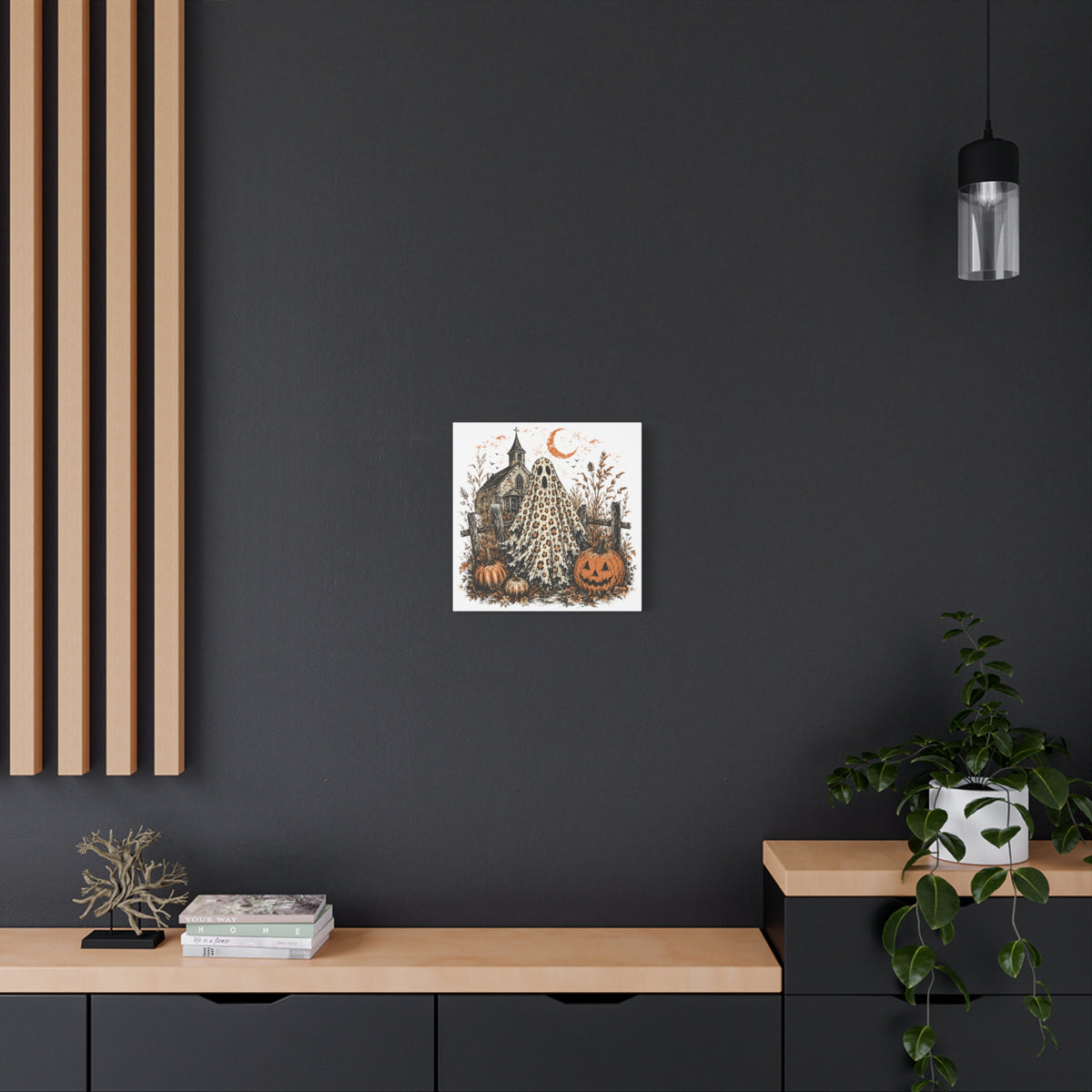 Vintage Halloween canvas wall art showing a leopard print ghost beside pumpkins and a spooky old church beneath a crescent moon in seasonal home decor