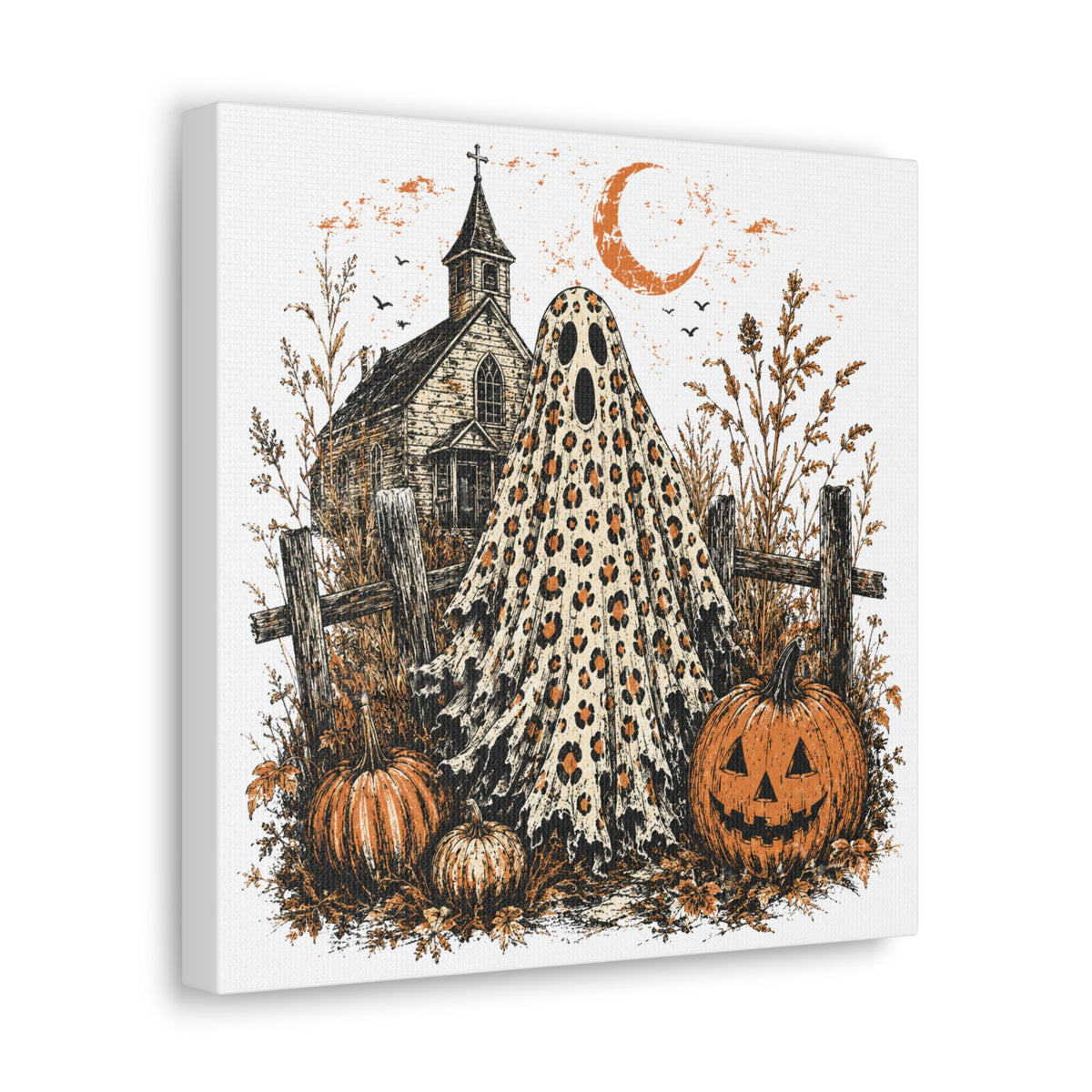 Vintage Halloween canvas wall art featuring a leopard print ghost beside pumpkins and a rustic church beneath a crescent moon in autumn tones by Printify