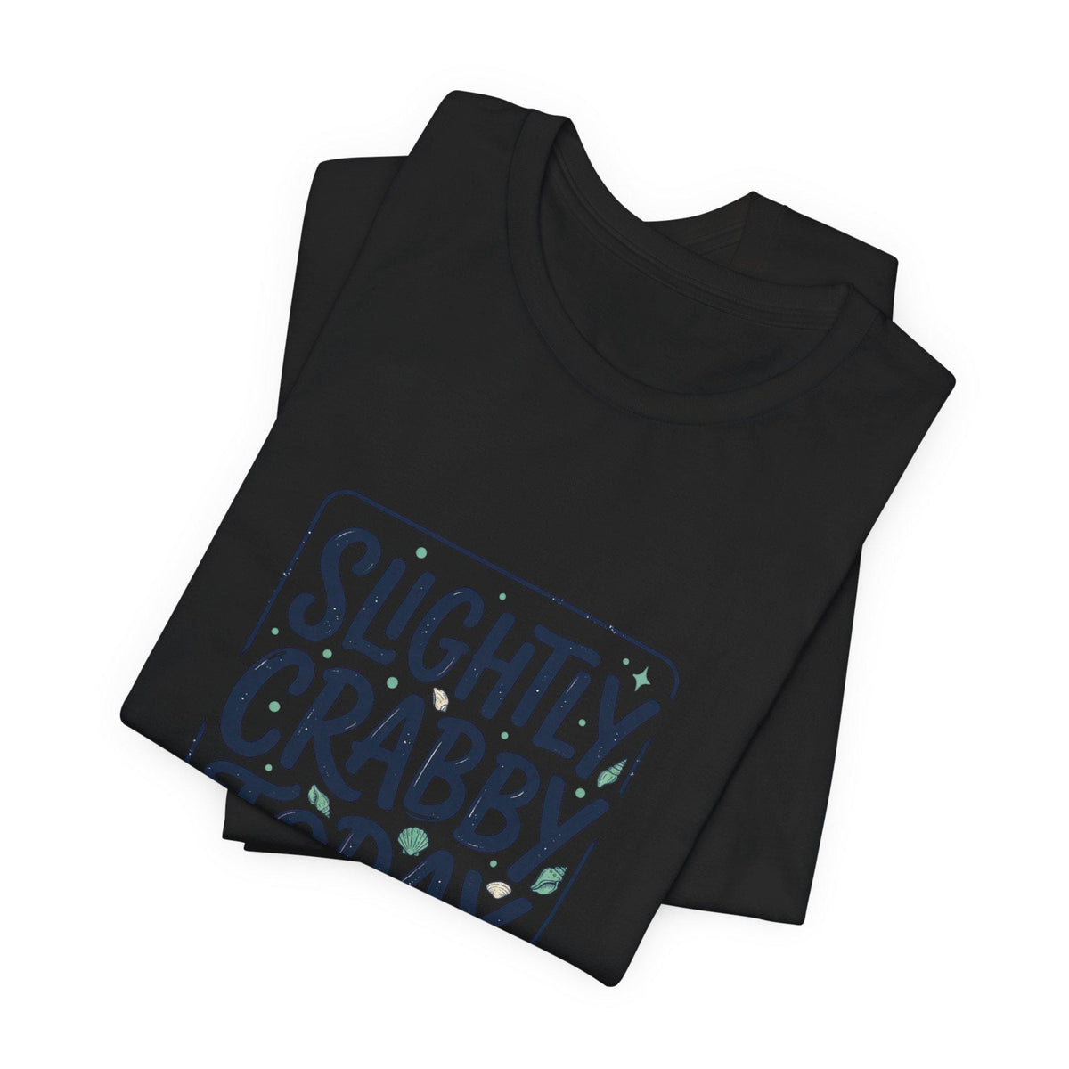 Black graphic tee featuring playful Slightly Crabby lettering and colorful cartoon crab inspired coastal details on the front