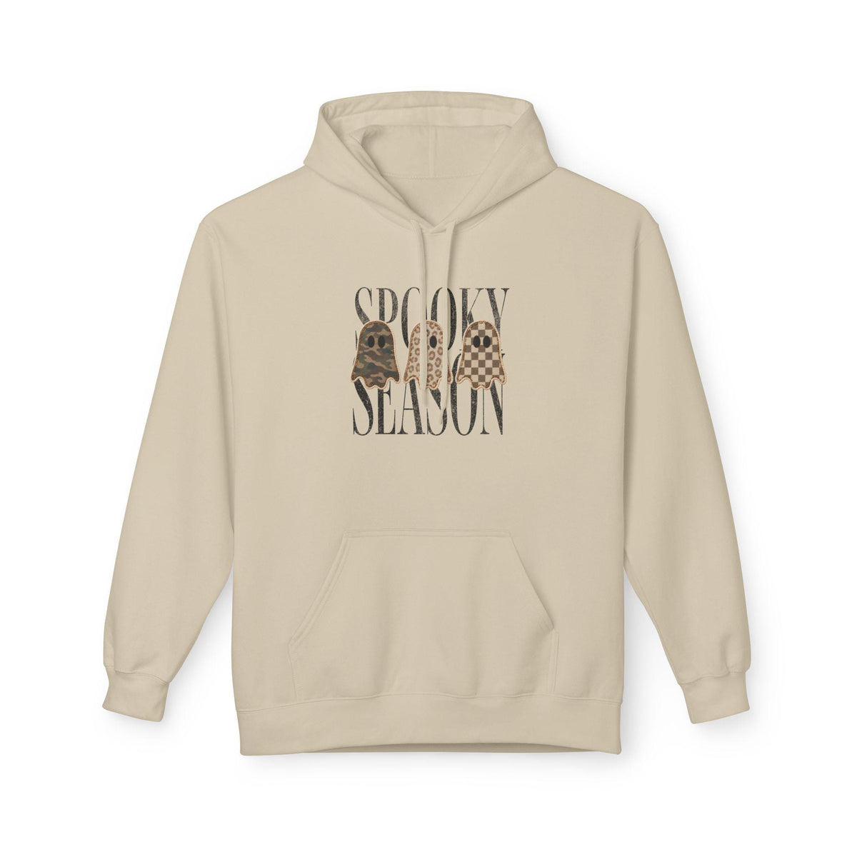 Cream graphic hoodie with a vintage spooky season design featuring three playful ghosts and a cozy front pocket for womens seasonal fashion