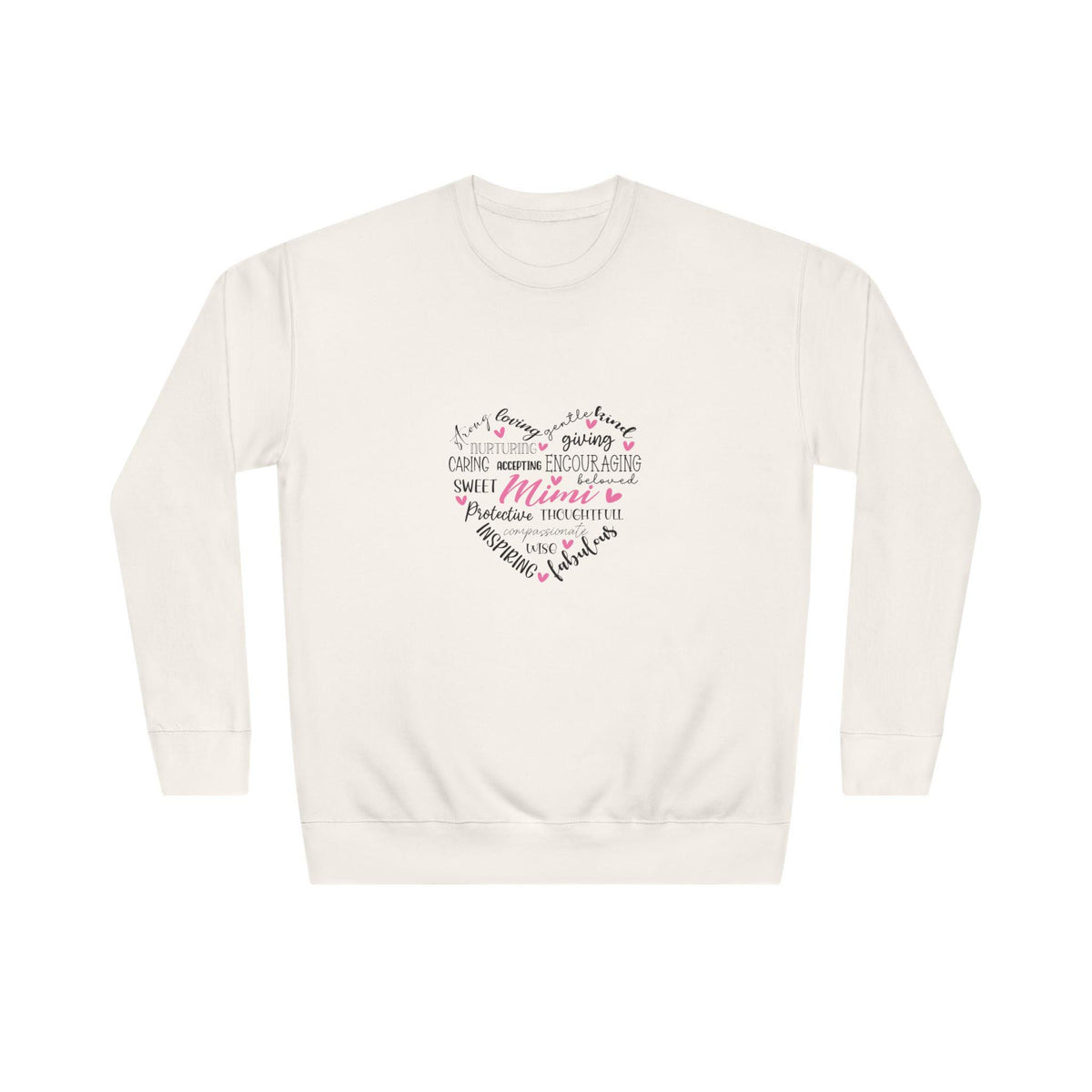 White crewneck sweatshirt featuring colorful handwritten heart word art with Mama lettering and supportive phrases for a cozy women's fashion look
