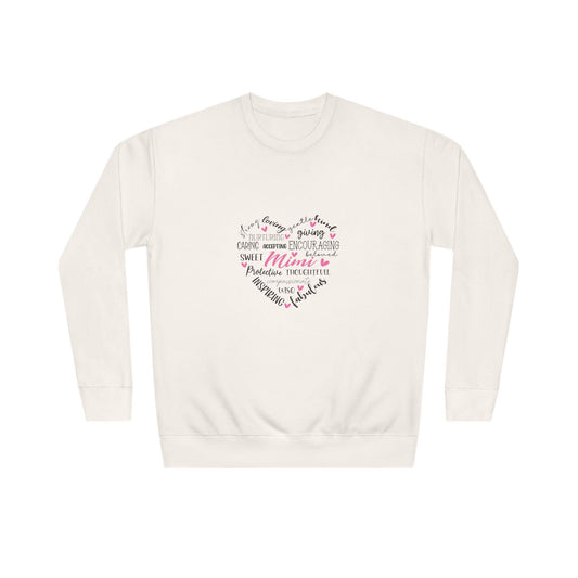 White crewneck sweatshirt featuring colorful handwritten heart word art with Mama lettering and supportive phrases for a cozy women's fashion look