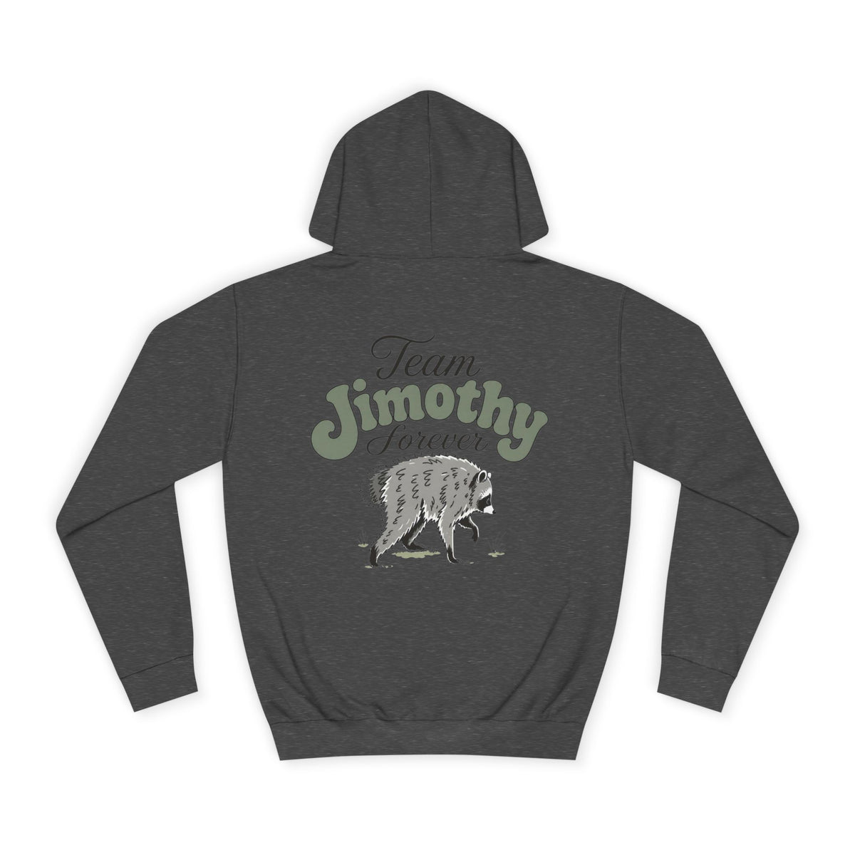 Back view of a dark gray Team Jimothy Forever hoodie featuring a woodland wolf graphic and relaxed casual style for women's fashion lovers