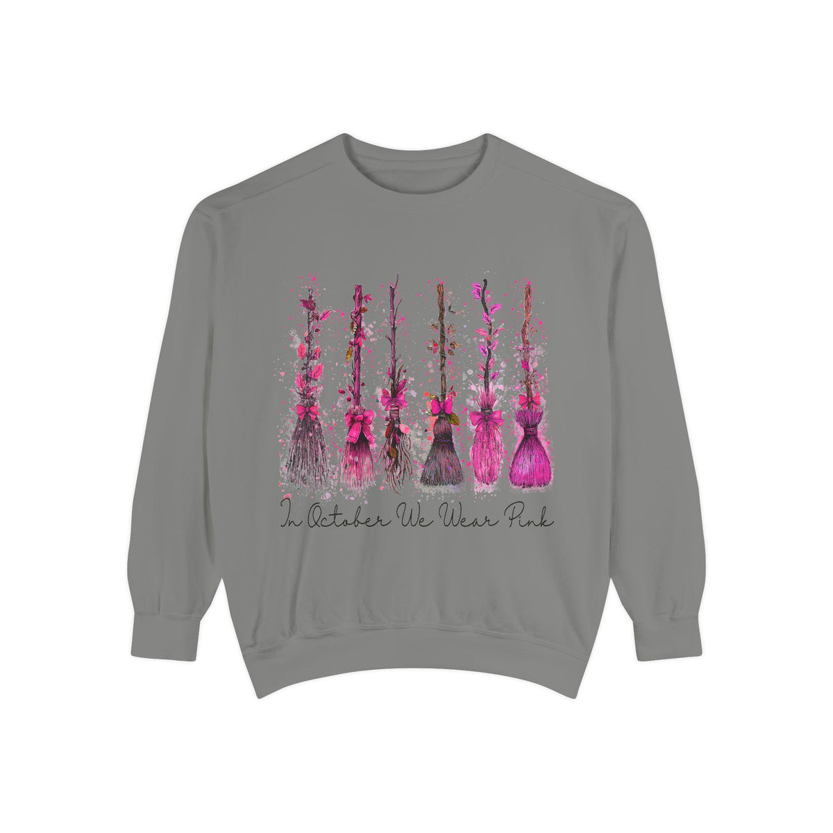 Gray sweatshirt featuring pink floral ribbons and the message In October We Wear Pink for breast cancer awareness