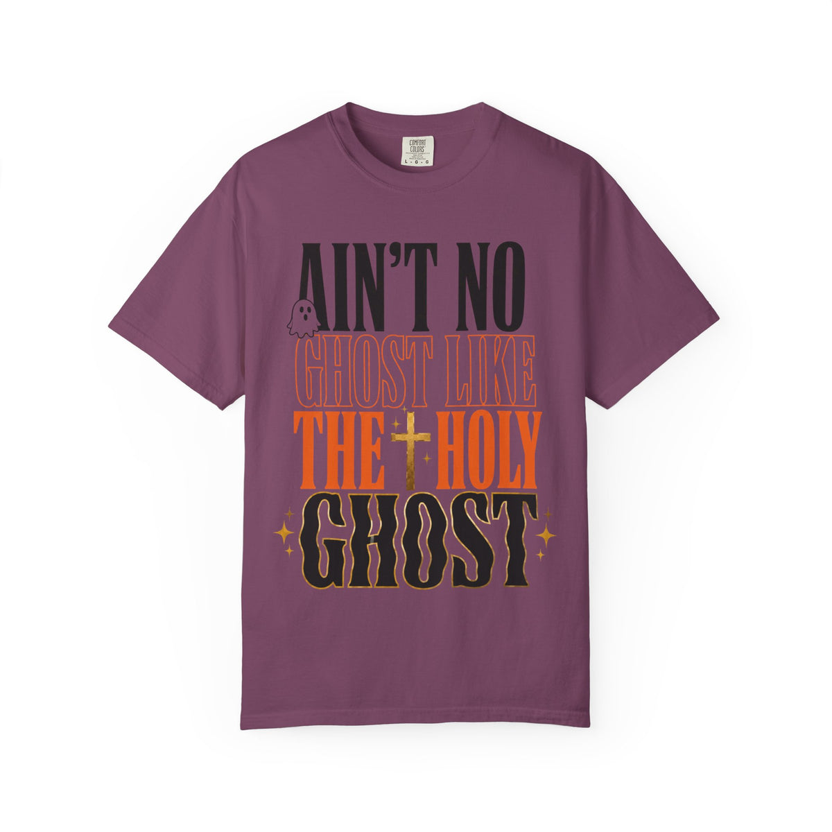 Purple graphic tee featuring Aint No Ghost Like the Holy Ghost in bold black orange and gold lettering on the front