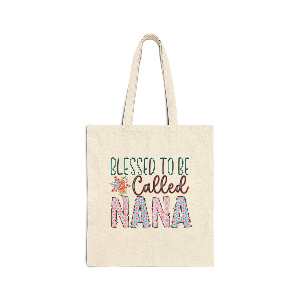 Natural cotton canvas tote bag with long handles and colorful floral lettering that reads Blessed to Be Called Nana for a meaningful everyday accessory