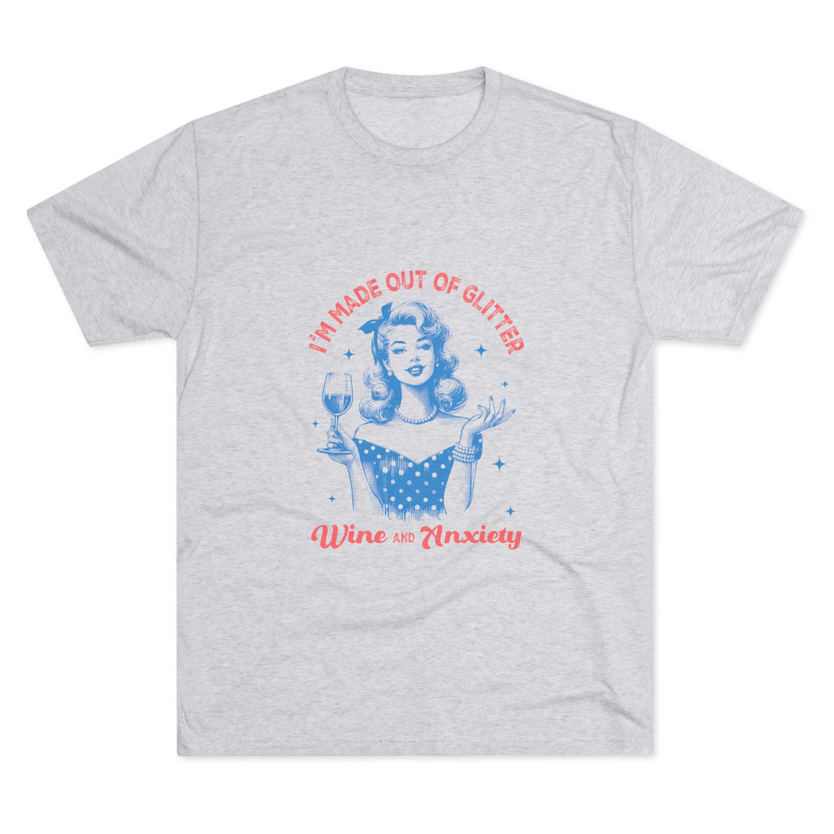 Light gray Printify womens fashion graphic tee featuring a retro pinup holding a wine glass with Im made out of glitter wine and anxiety text