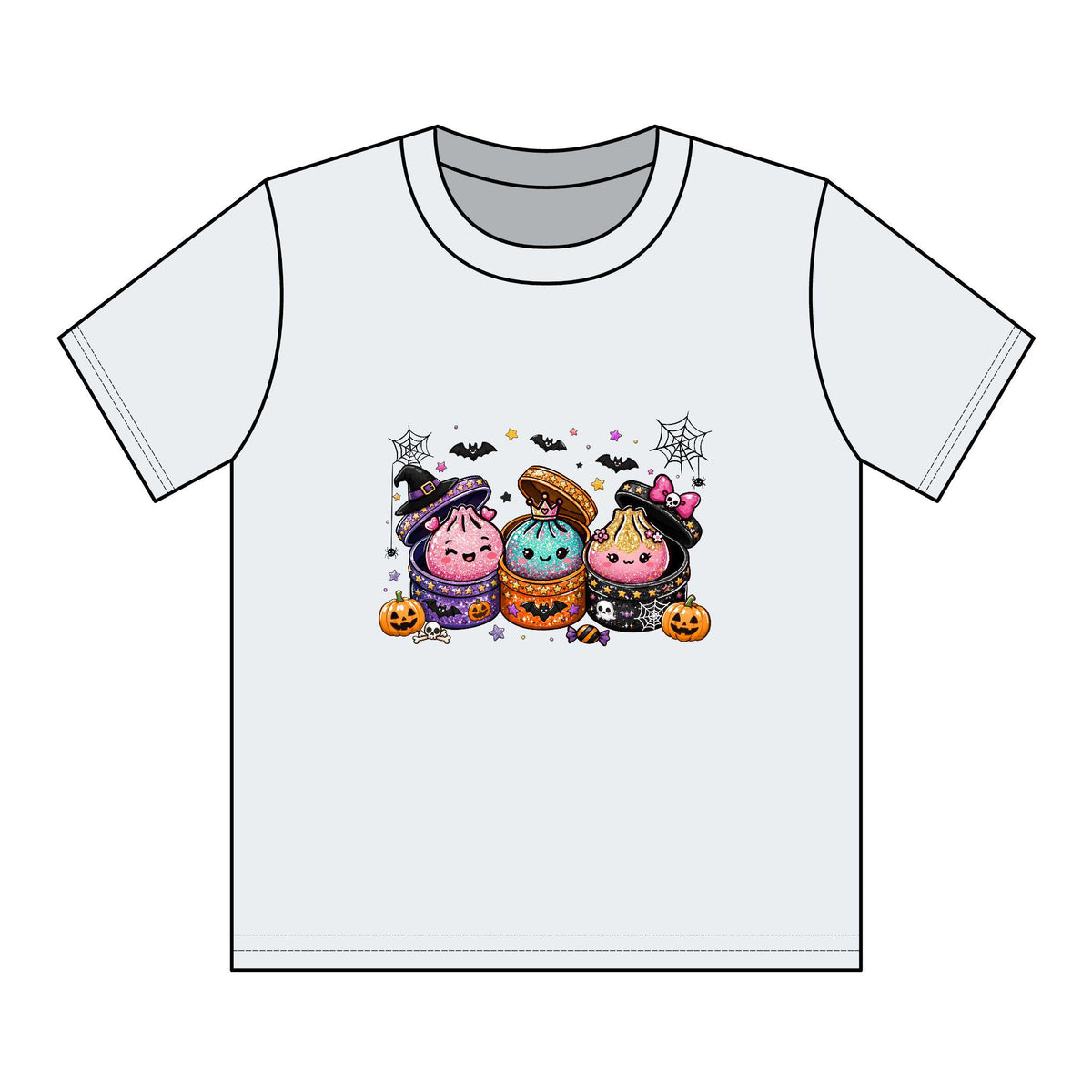Light gray youth graphic tee featuring three Halloween dumpling characters in costumes with pumpkins bats and cobwebs from Drizzle and Tizzle