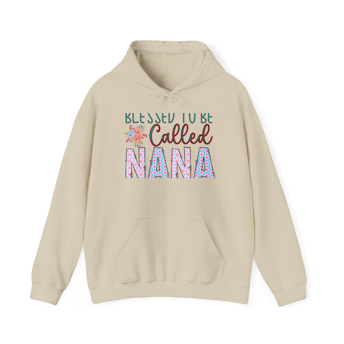 Cream hooded sweatshirt with colorful floral Blessed to Be Called Nana graphic kangaroo pocket drawstring hood and ribbed cuffs for a cozy casual look