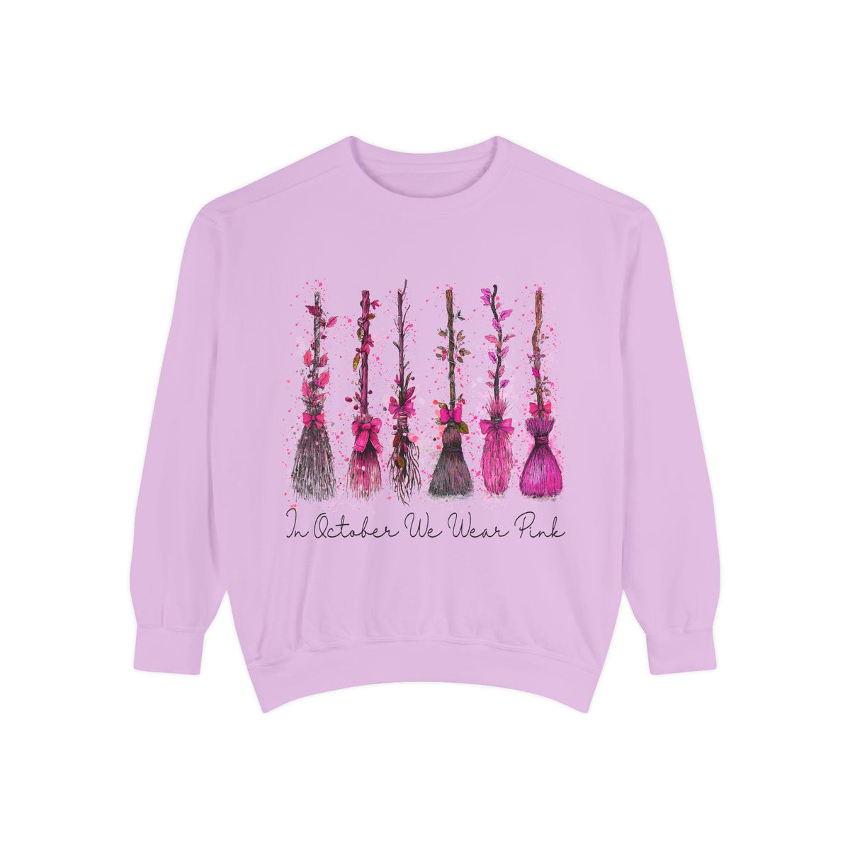 Pink crewneck sweatshirt with a floral vase design and October We Wear Pink message for women's fashion and breast cancer awareness