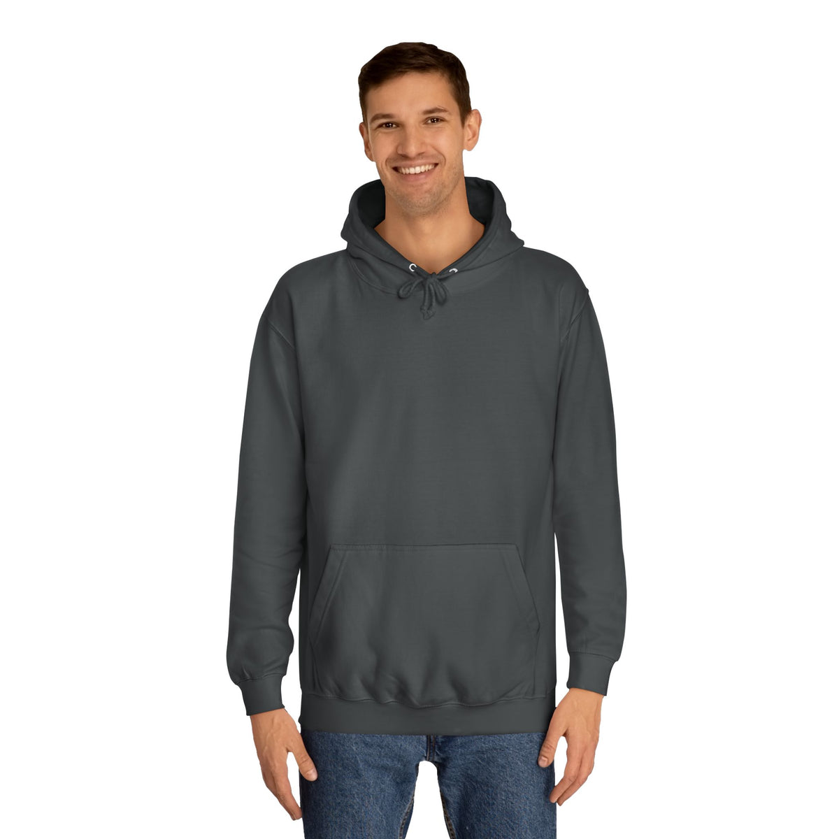 Man modeling a dark charcoal pullover hoodie with drawstring hood long sleeves ribbed cuffs and a roomy front kangaroo pocket on a white background