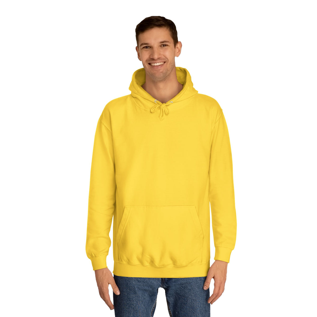 Smiling man modeling a bright yellow pullover hoodie with drawstrings and a roomy kangaroo pocket against a white background