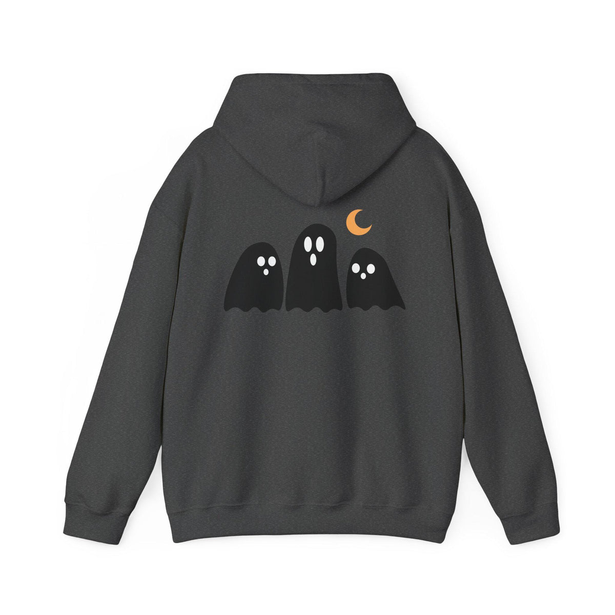 Back view of a charcoal gray hoodie featuring three black ghost silhouettes with white eyes and an orange crescent moon graphic
