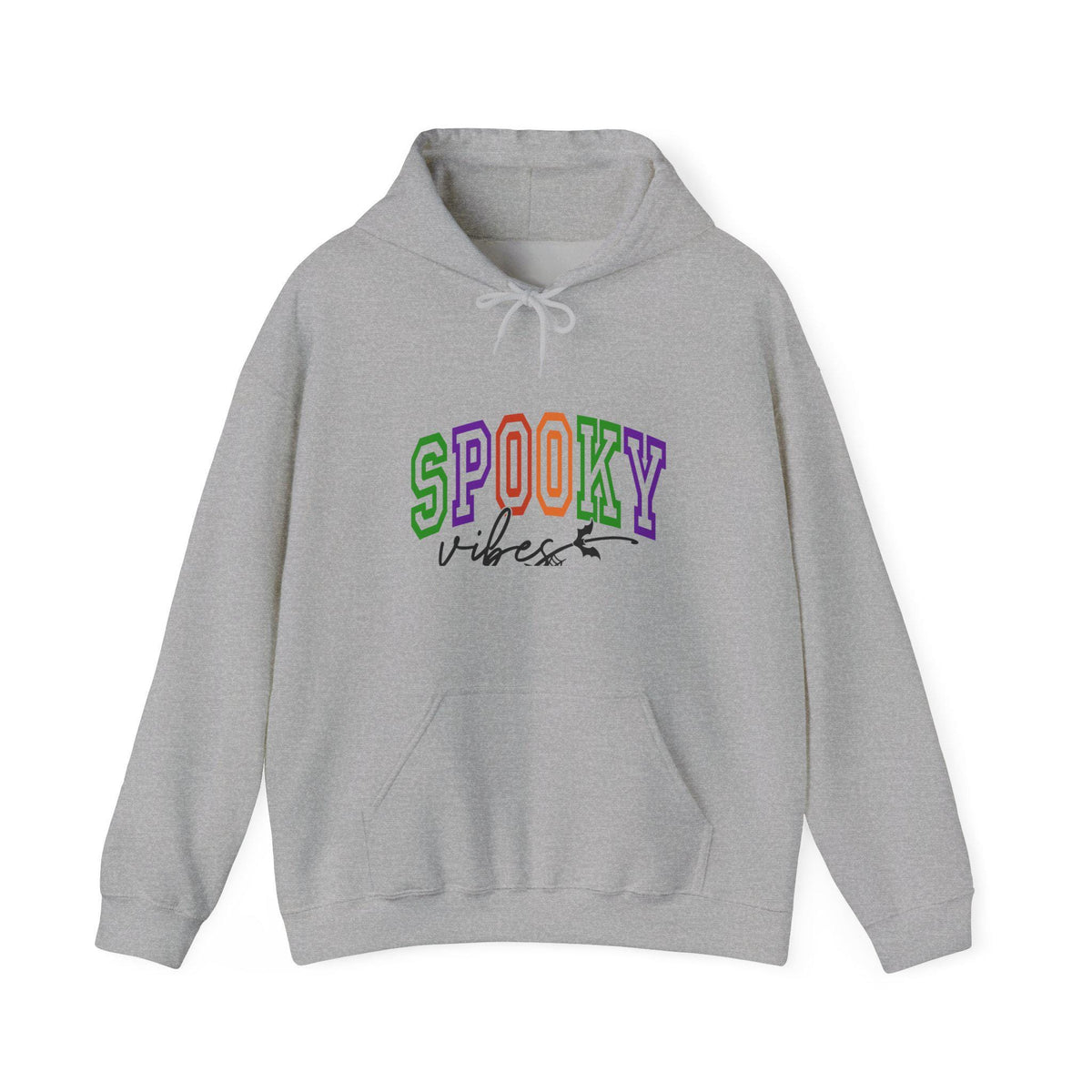Gray graphic hoodie featuring colorful SPOOKY Vibes lettering on the front with a drawstring hood and roomy fit for cozy seasonal women's fashion apparel