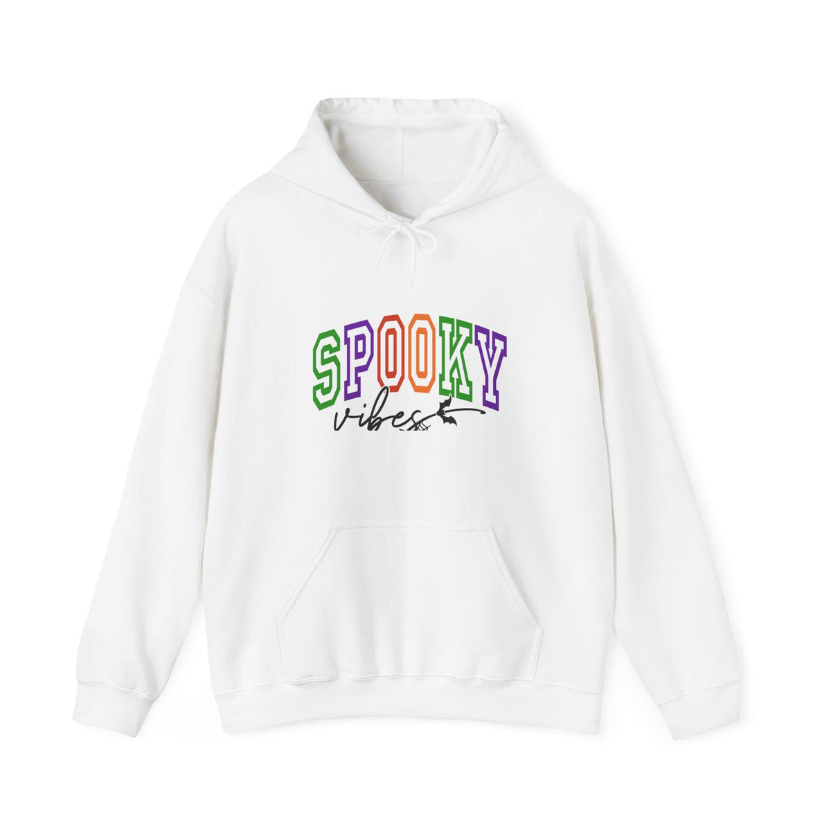 White pullover hoodie with colorful collegiate SPOOKY lettering and black Vibes script on the front plus a roomy kangaroo pocket for cozy seasonal style