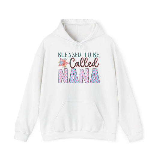 White hooded sweatshirt featuring a colorful floral graphic and the message Blessed to Be Called Nana with a front pouch pocket and drawstring hood