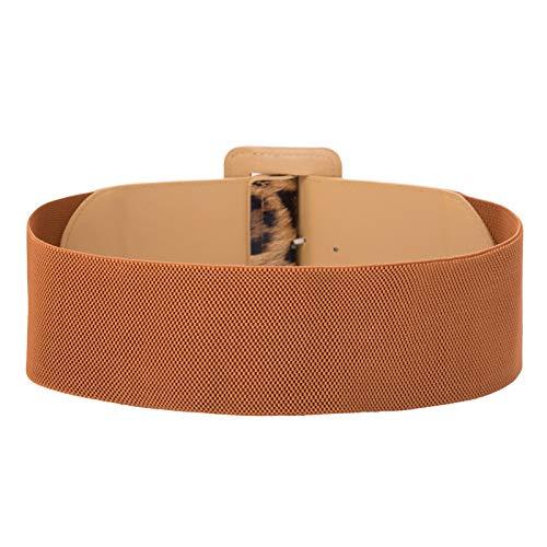 Wide brown elastic women's belt with a leopard print buckle and adjustable fastening for dresses skirts blouses or pants from BCNY BOUTIQUE in Bags and Belts