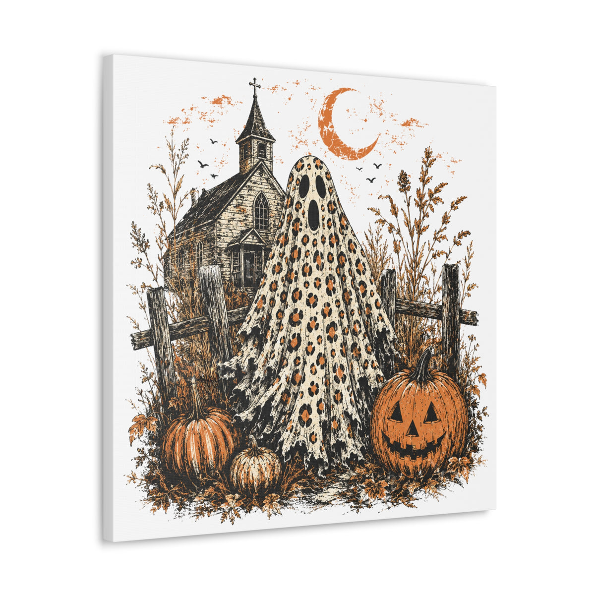Vintage Halloween wall art featuring a leopard print ghost among pumpkins and an old wooden church beneath a crescent moon in autumn foliage