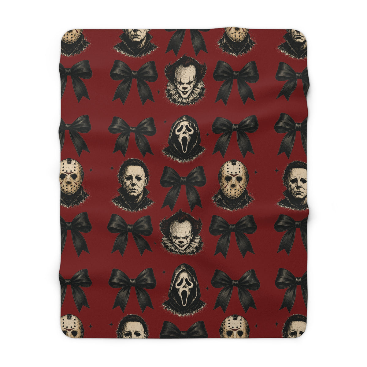 Red sherpa blanket featuring vintage horror masks and black bows in a repeating pattern for spooky seasonal home decor