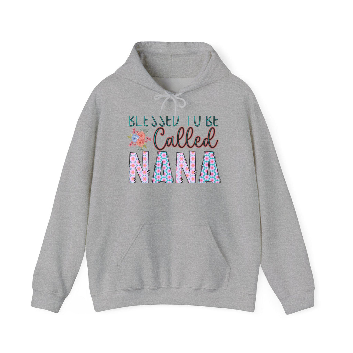 Gray graphic hoodie with floral Blessed to be Called Nana lettering, drawstring hood, roomy front pocket, and ribbed cuffs for cozy everyday wear