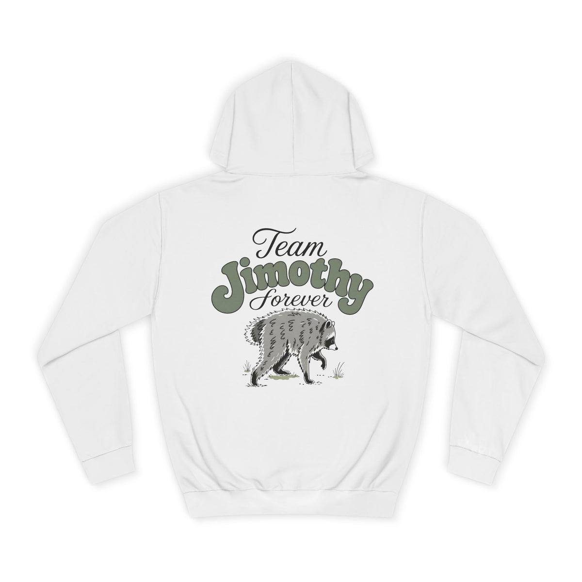 White back view hoodie featuring Team Jimothy Forever lettering and an illustrated wolf graphic for women's fashion apparel