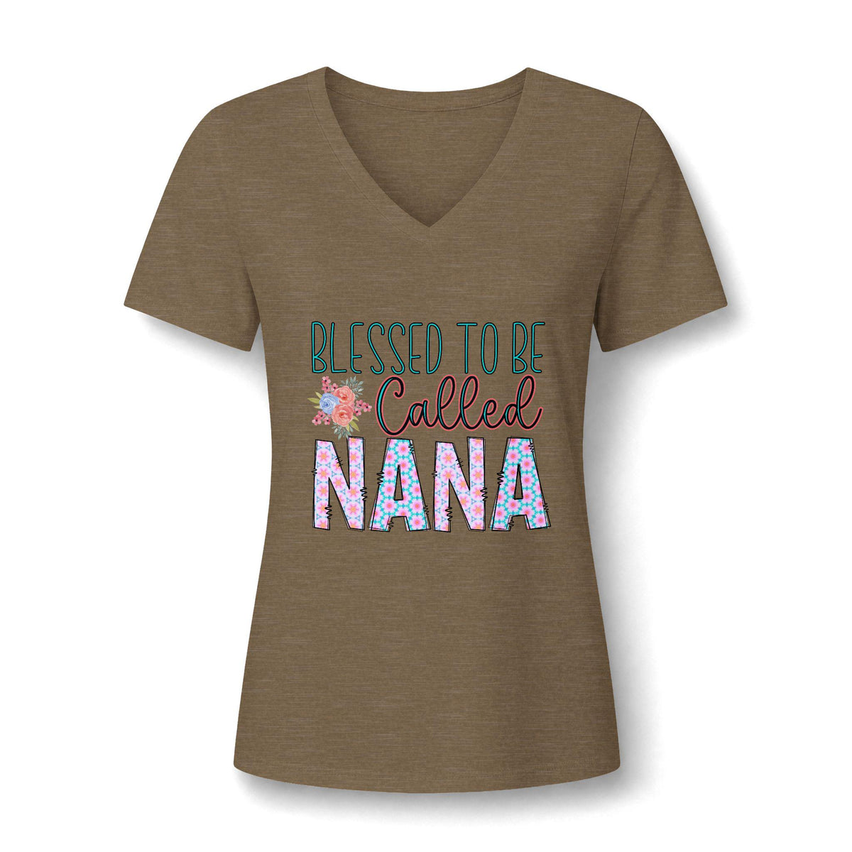 Brown womens V neck graphic tee featuring Blessed to Be Called Nana lettering with floral accents and colorful patterned Nana text