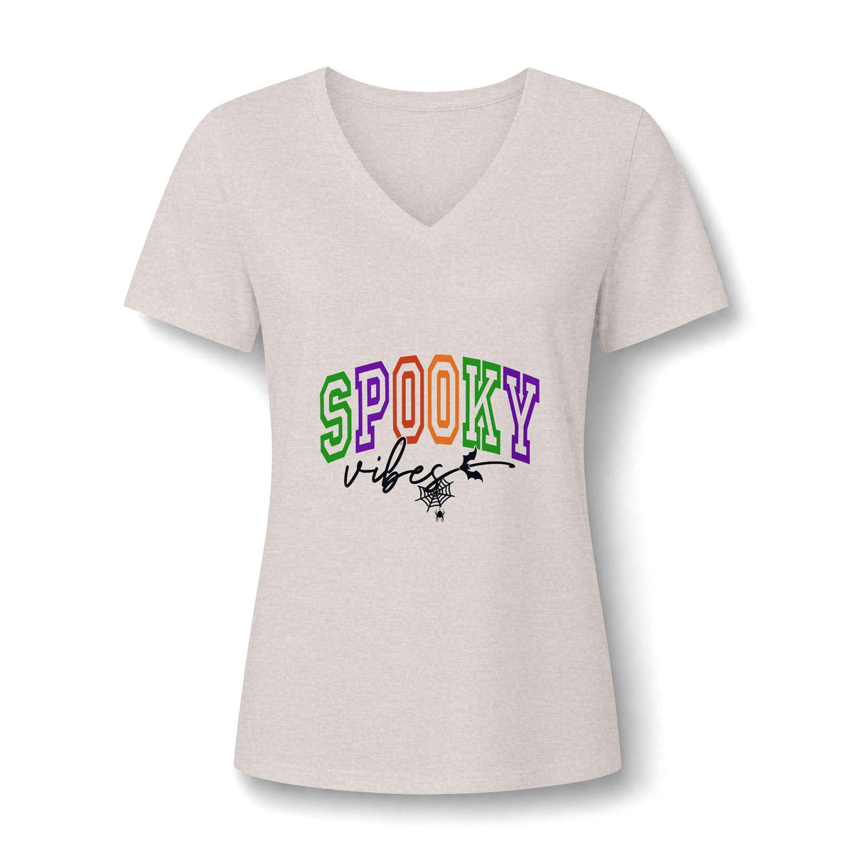 Light heather pink womens V neck graphic tee with colorful SPOOKY lettering and playful Halloween design for festive seasonal fashion outfits