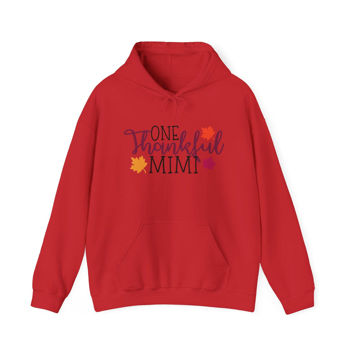Red hooded sweatshirt featuring One Thankful Mimi lettering with colorful autumn leaves and a front kangaroo pocket