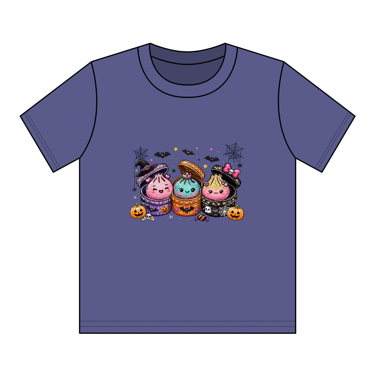 Purple youth graphic tee featuring three Halloween dumpling characters in costumes with pumpkins bats and cobweb details