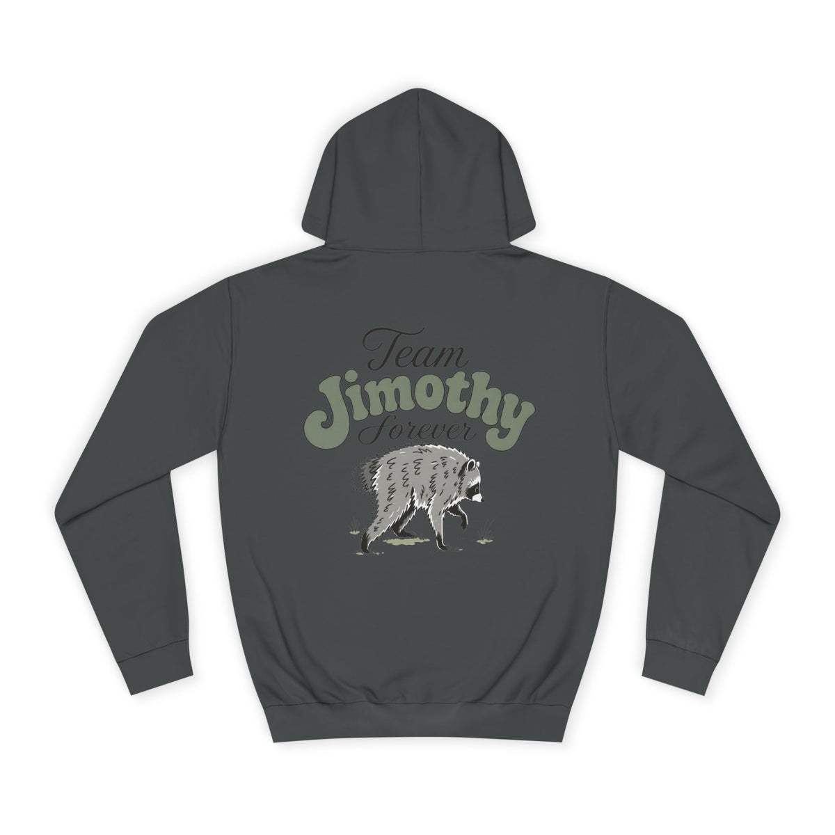 Back view of a charcoal hoodie featuring Team Jimothy Forever lettering and a detailed wolf graphic in muted vintage tones with a roomy relaxed fit